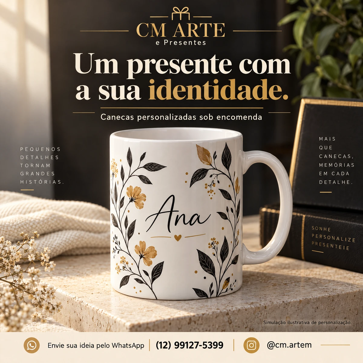 Arte original: simulação de caneca branca com flores e o nome fictício Ana