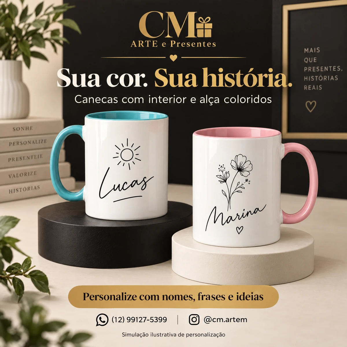 Simulação de canecas turquesa e rosa com os nomes fictícios Lucas e Marina