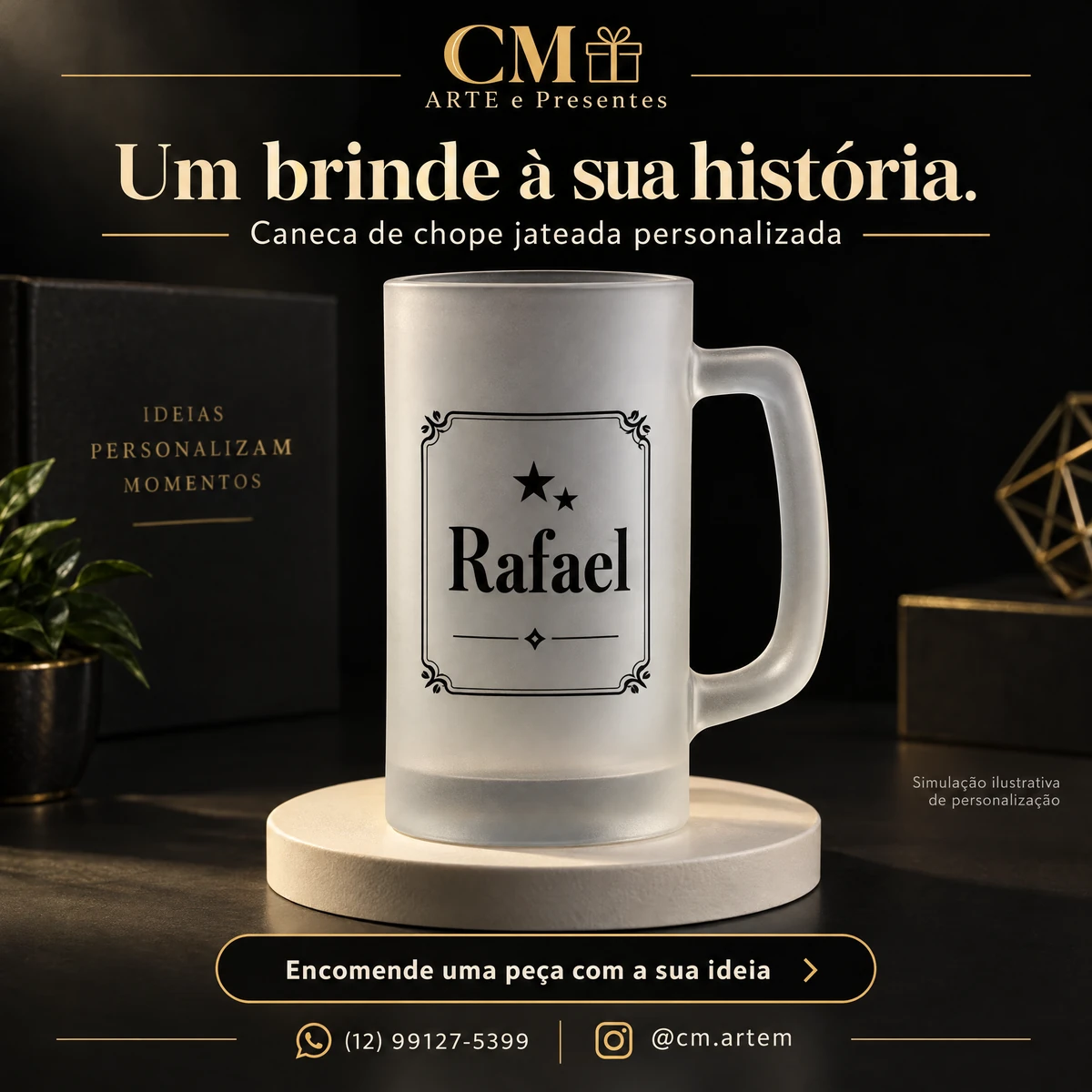 Simulação de caneca de chope jateada personalizada com o nome fictício Rafael