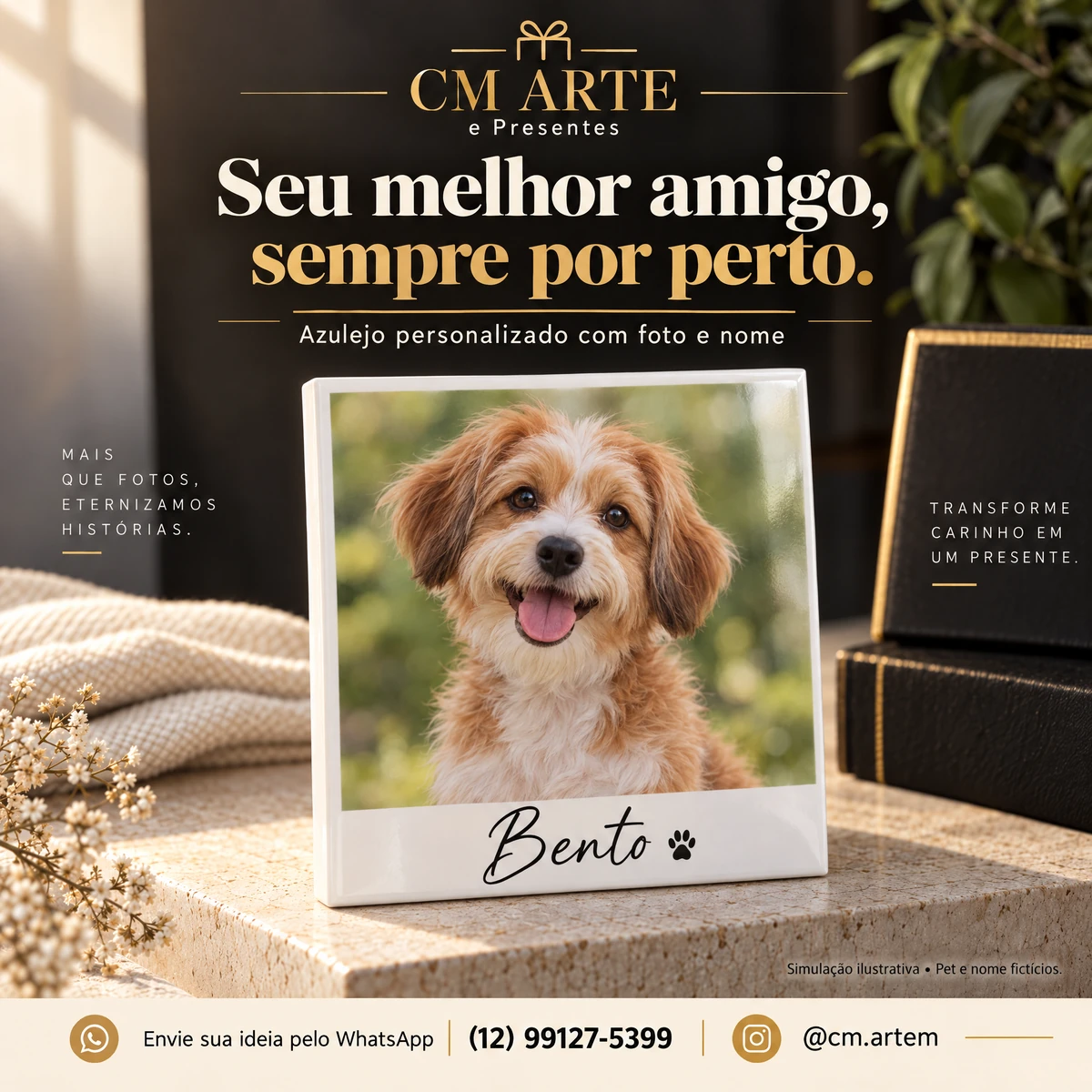 Simulação de azulejo personalizado com o cãozinho fictício Bento